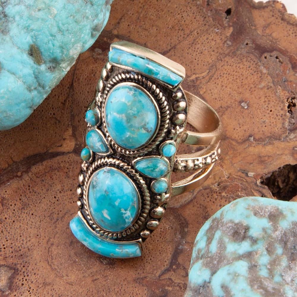 Barse Jewelry - Double Blue Turquoise Golden Shield Ring - 7