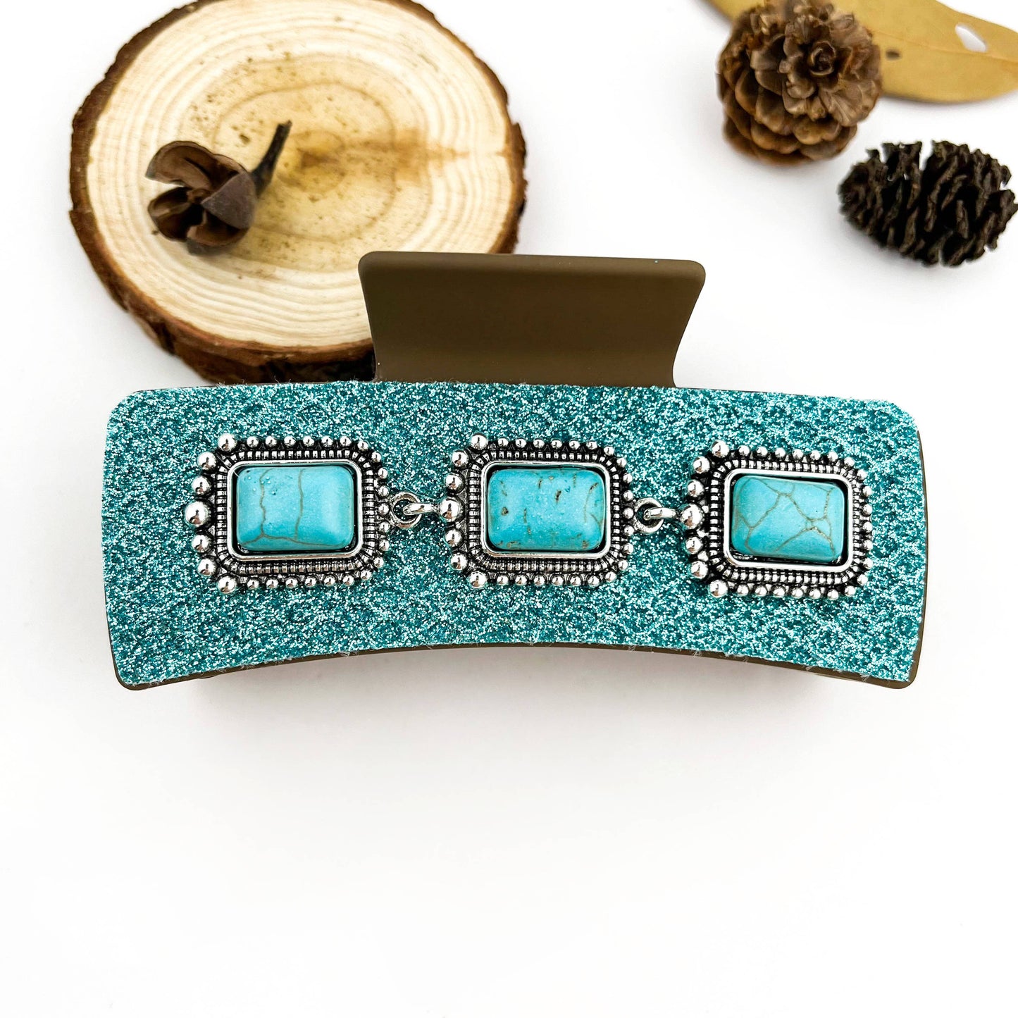 Boho Turquoise Floral PU Rectangle Hair Claw Clip - B