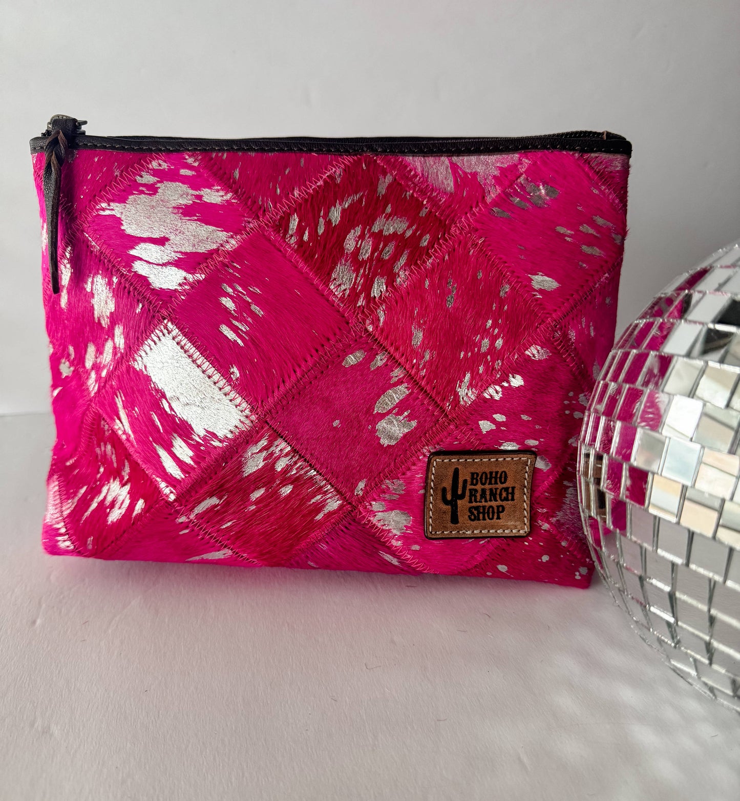 Boho Ranch Shop - Checkered Western Cowhide Makeup Bag Travel - LEOPARD + RAINBOW