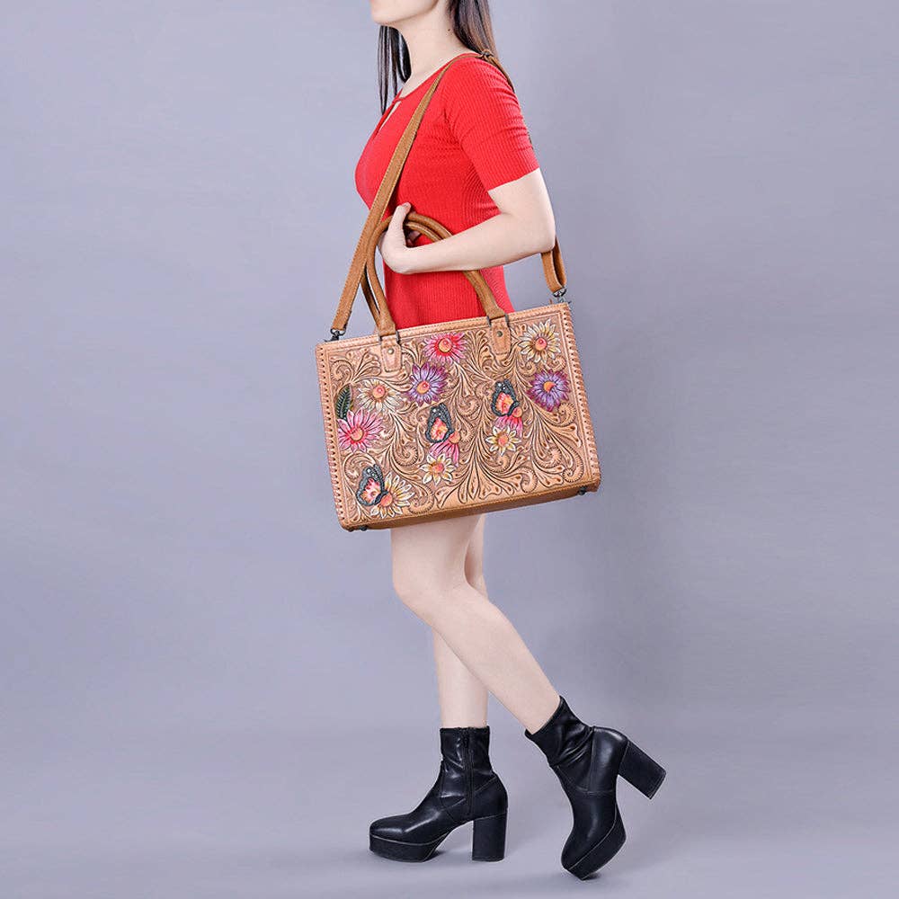 ADBG235 American Darling Western Leather Tote Bag - Hand Tooled Floral Carved Braided Purse - ADBG235J
