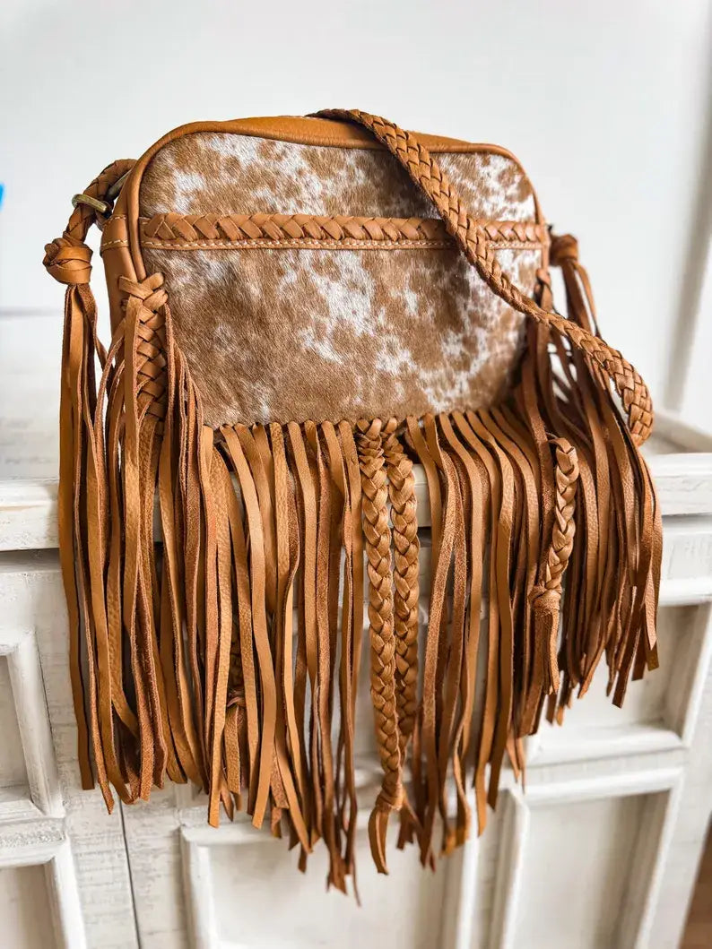 Boho Ranch Shop - THE MEGAN CROSSBODY cowhide Western Tooled Leather purse - BROWN + WHITE COWHIDE