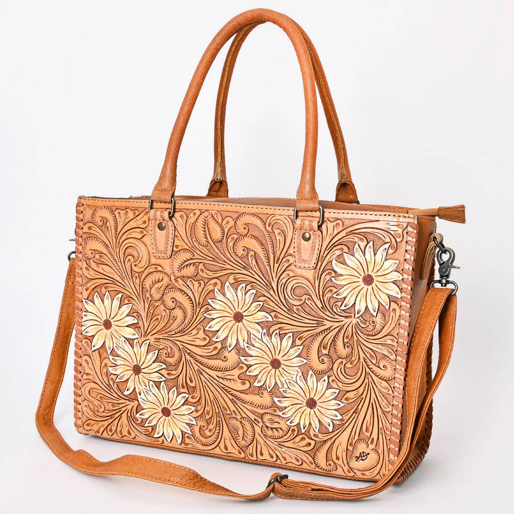 ADBG235 American Darling Western Leather Tote Bag - Hand Tooled Floral Carved Braided Purse - ADBG235J