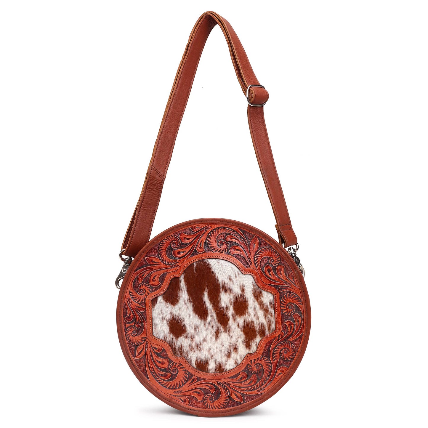 Leather Cowhide Western Hand Tooled Women's Round Crossbody - Free Bird Hand Tooled with Tan White Cowhide Inlay.