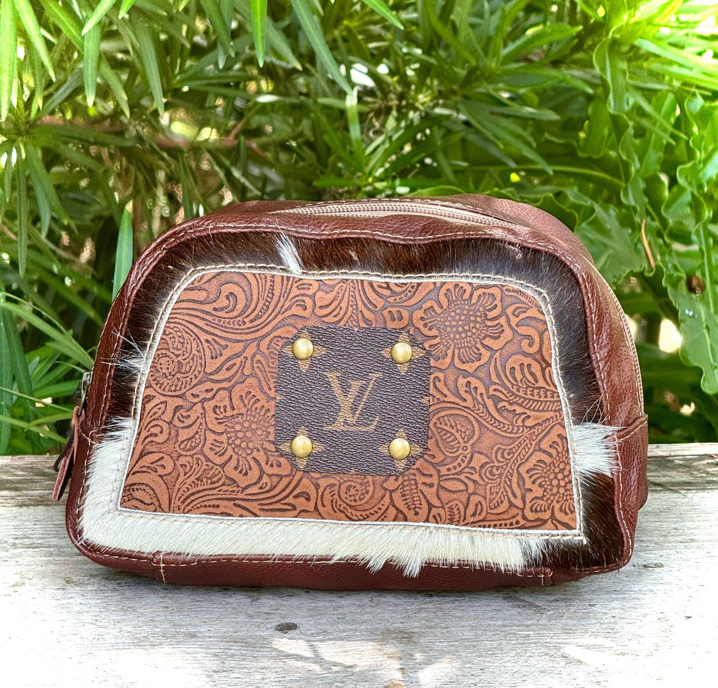 Southern Junkie Gypsy Boutique - Upcycled LV Cowhide Leather Makeup Cosmetic Bag Western 