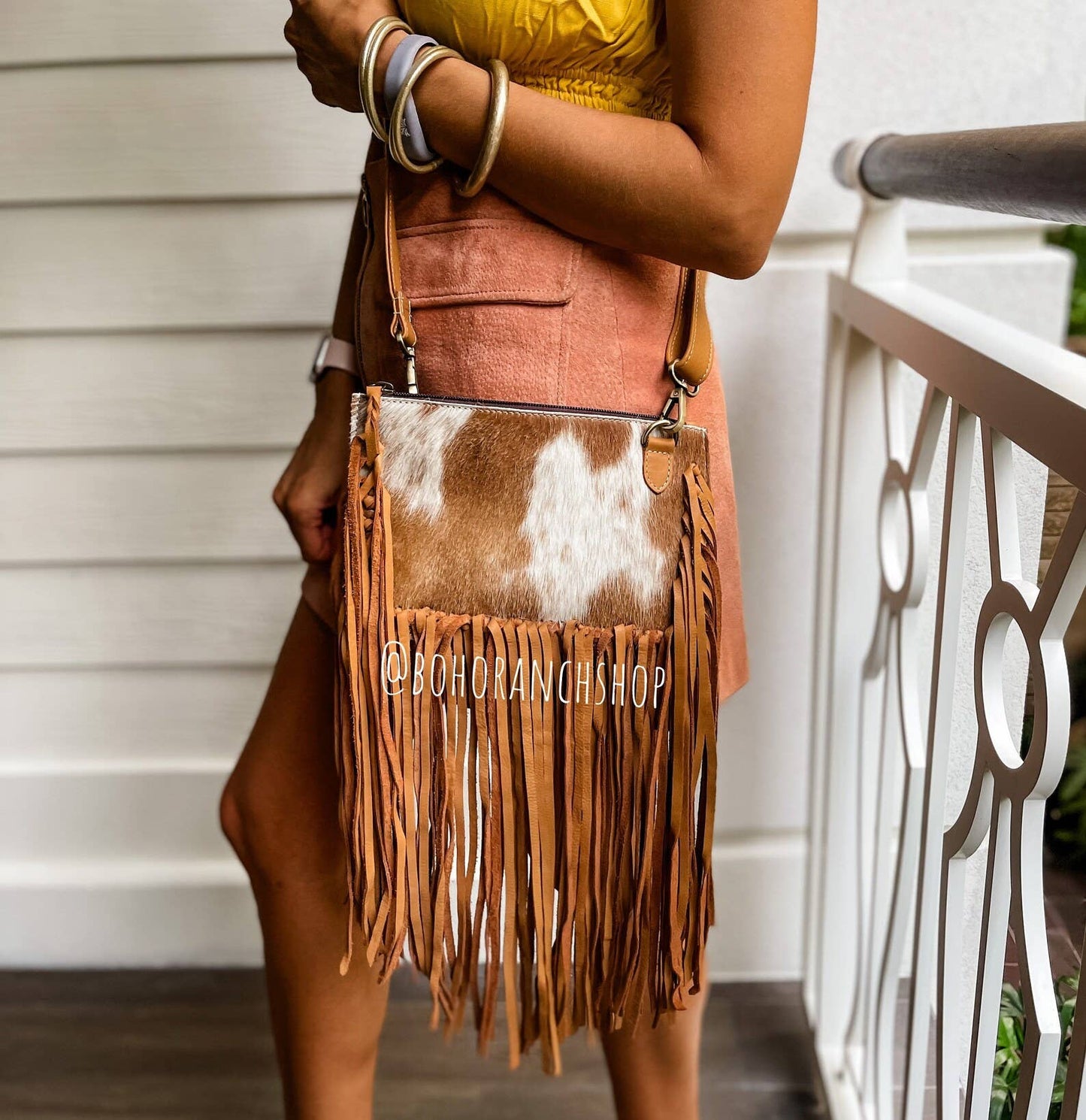 Boho Ranch Shop - THE JESSE CROSSBODY cowhide fringe tassel purse bag - TAN LEATHER