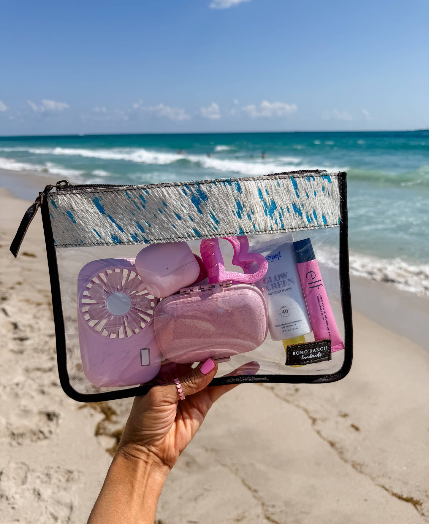Boho Ranch Shop - Cowhide Clear Toiletry Makeup Bag, organizer Travel Pouch - TAN + WHITE COWHIDE