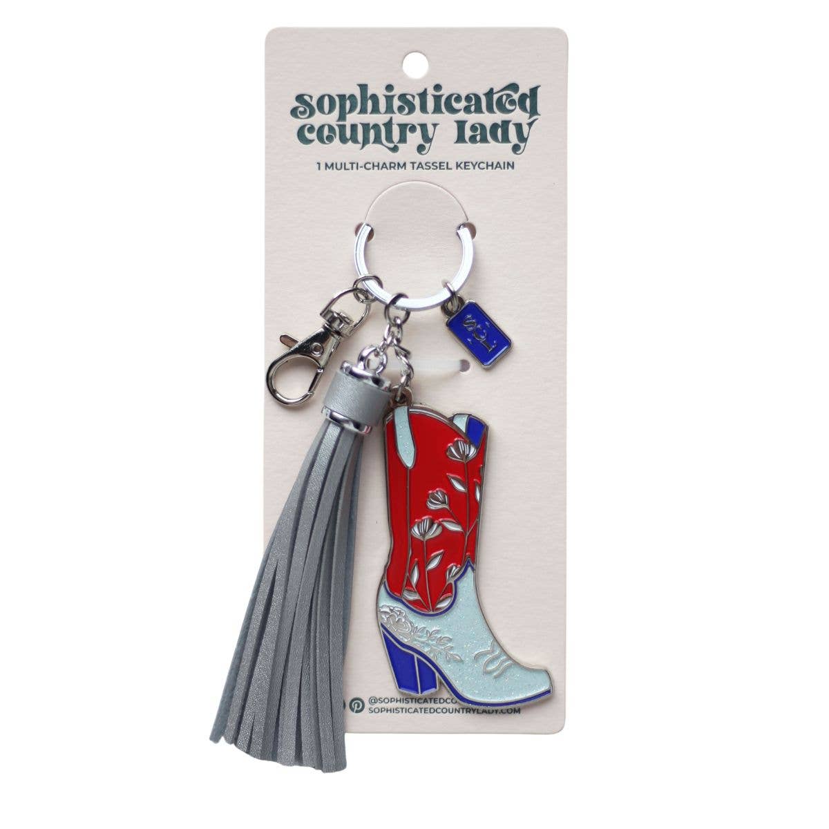 Sophisticated Country Lady - Patriotic Cowgirl Boot Keychain Bag Charm - Silver Tassel - Hanging Card