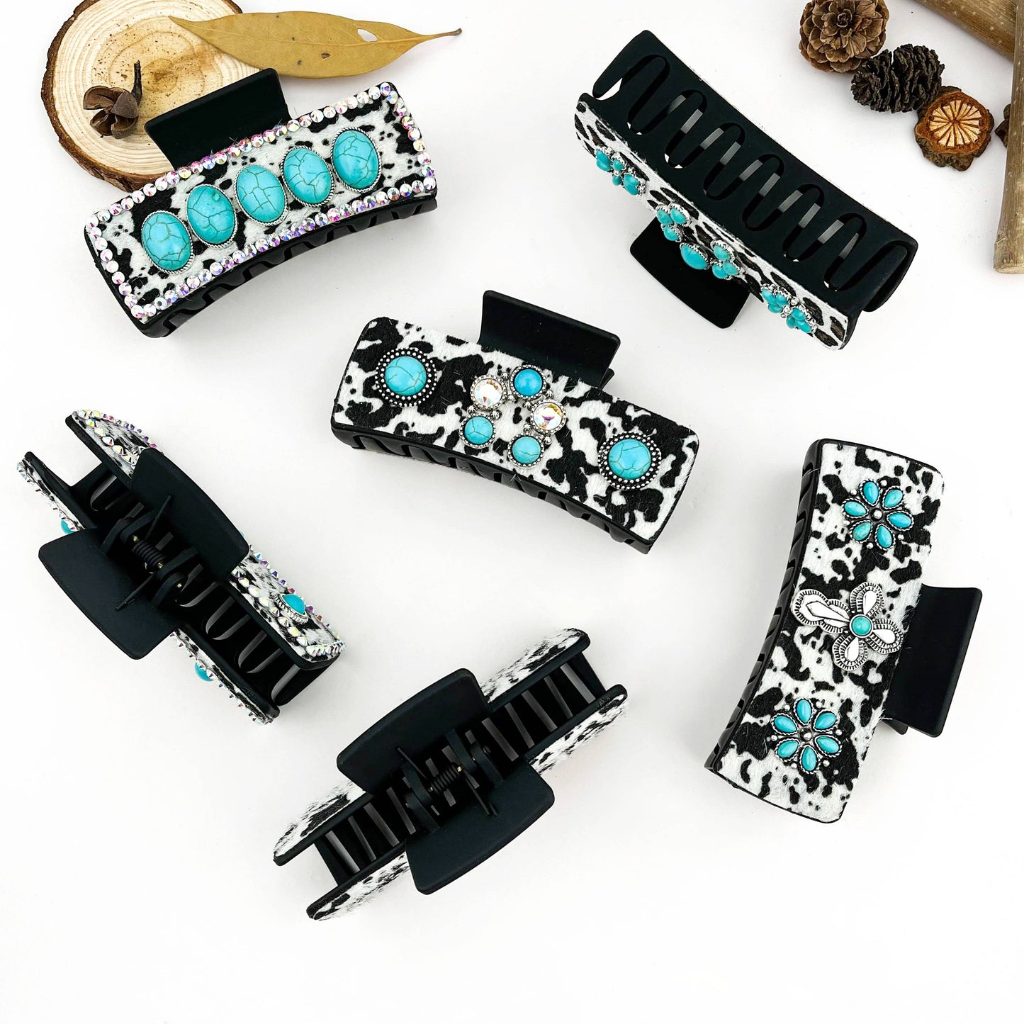 mildstyles - Western Cowboy Turquoise Cow Print Rhinestone Hair Claw Clip - D
