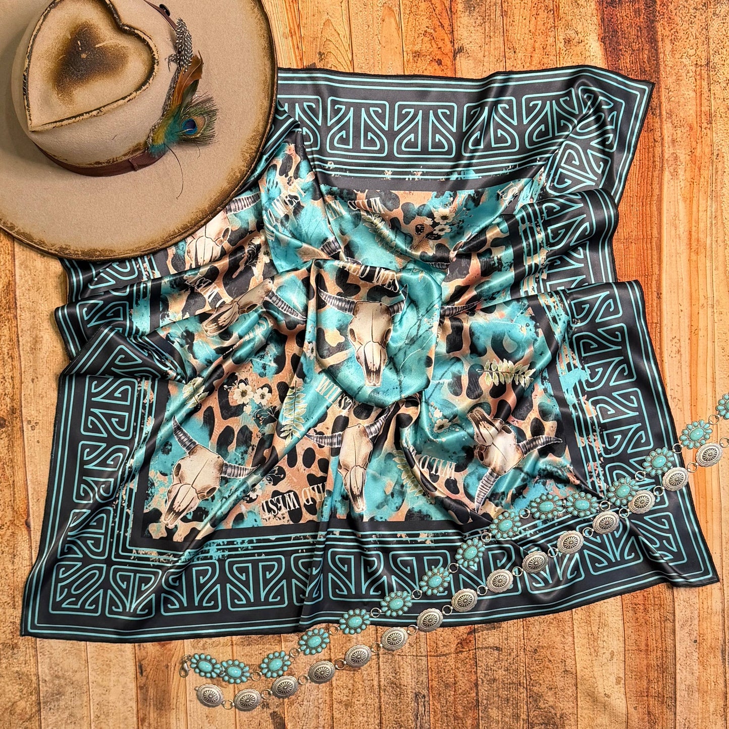 WESTERN LONGHORN PRINT SILK CARF 36X36 - Black/Turquoise