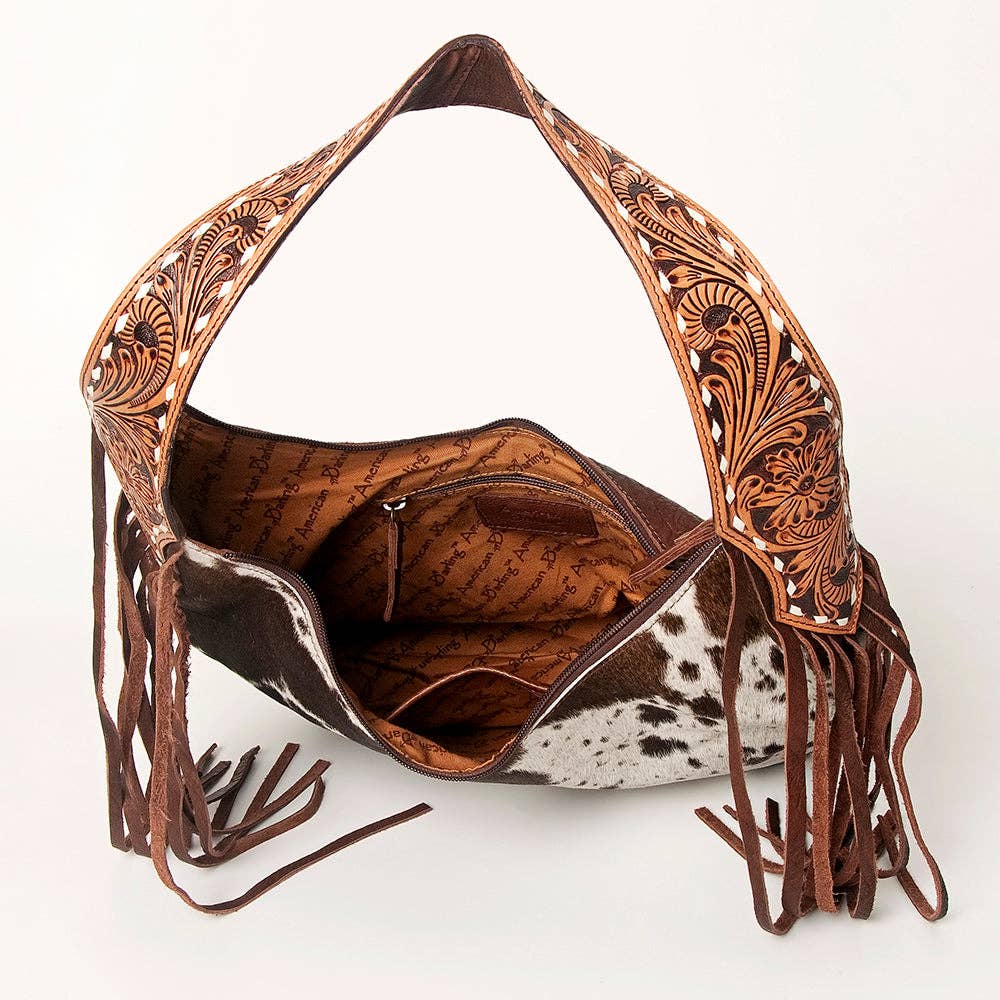 LS Western - ADBGA214 American Darling Cowhide & Tooled Leather Fringe Hobo Shoulder Handbag - ADBGA214C