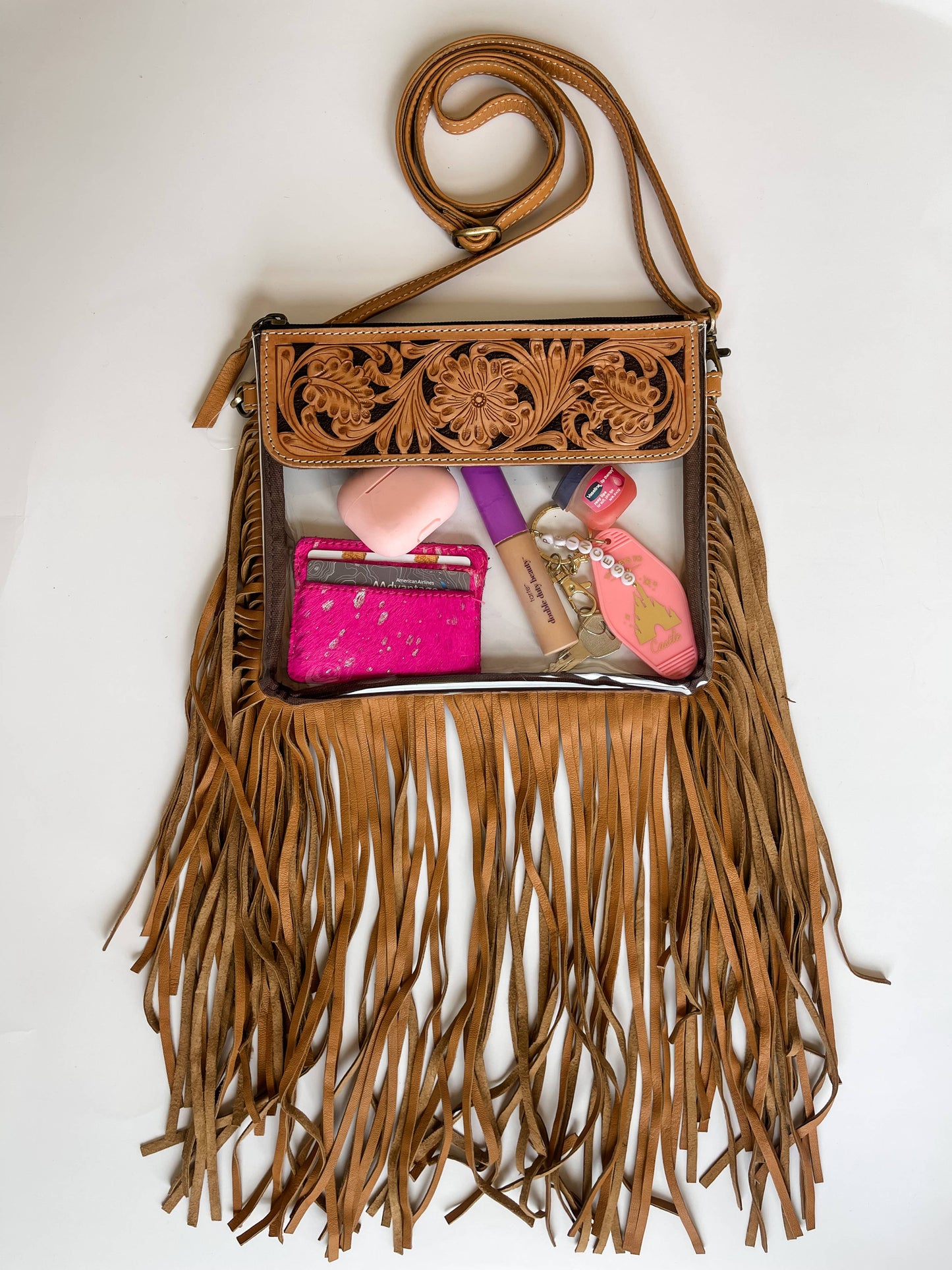 Boho Ranch Shop - Hand Tooled Clear Purse Crossbody - Concert Game Day Stadium - WHITE/ BLACK