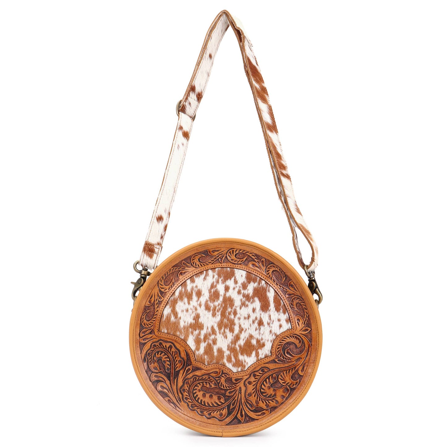 Leather Cowhide Western Hand Tooled Women's Round Crossbody - Free Bird Hand Tooled with Tan White Cowhide Inlay.