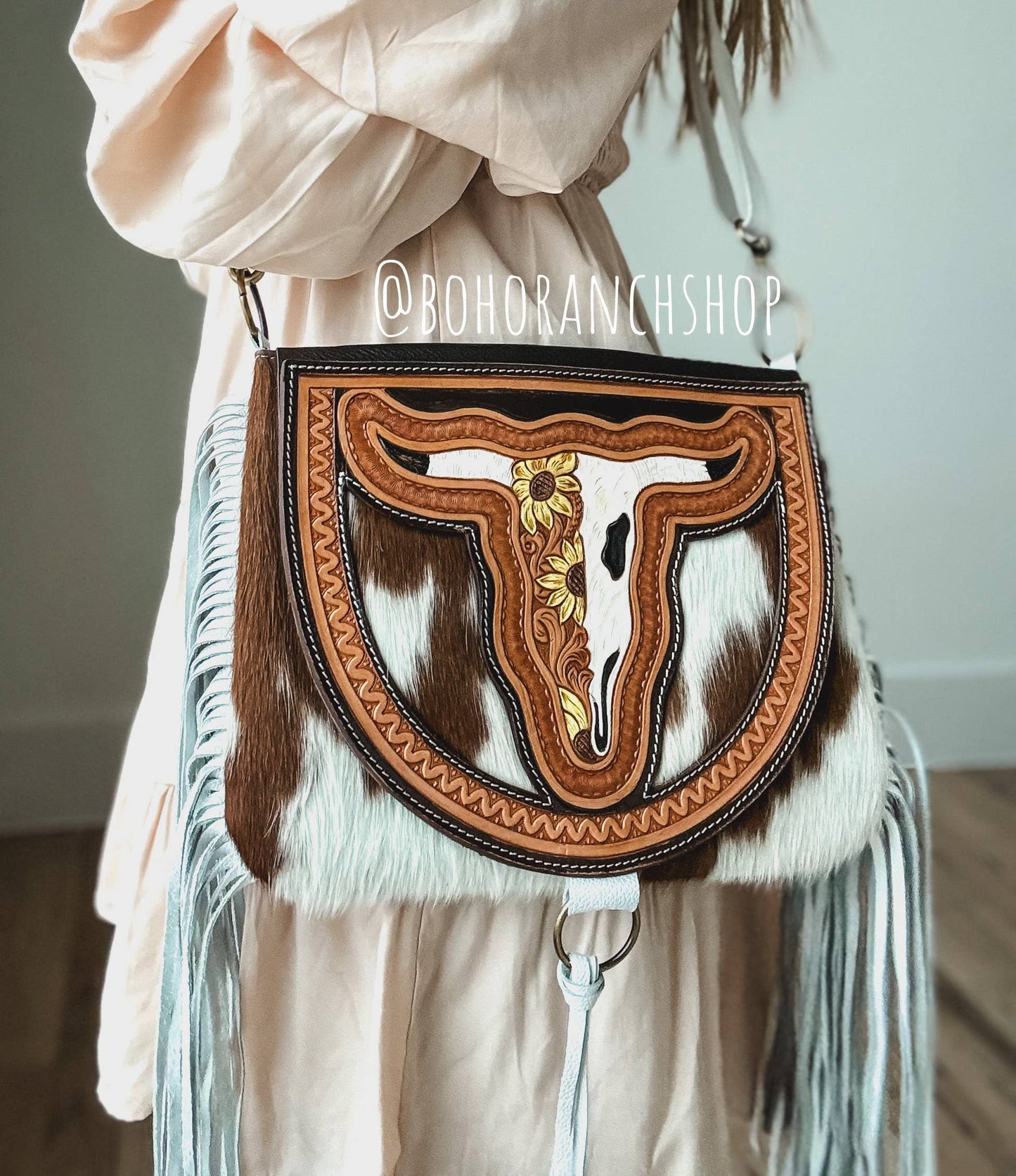 Boho Ranch Shop - THE CAROLINE CROSSBODY steer longhorn - cowhide purse bag - PINK FLOWER