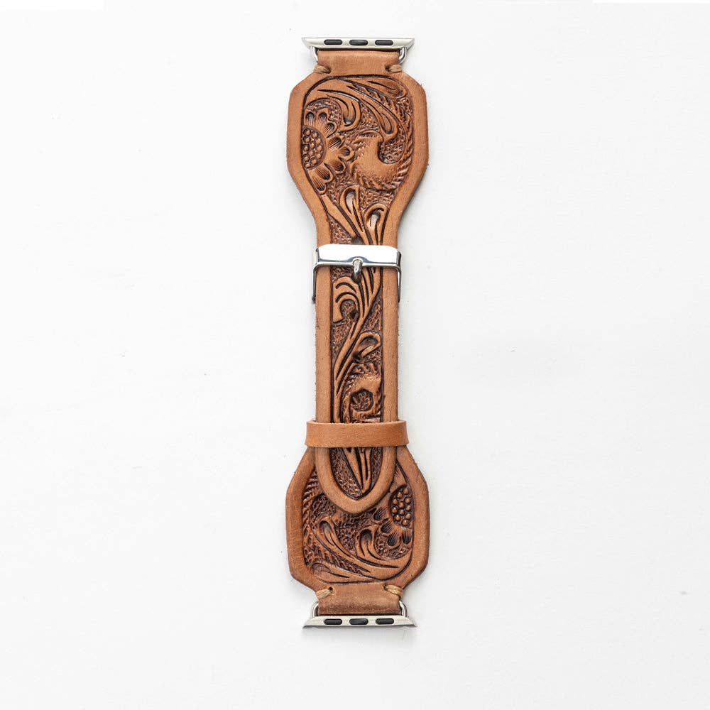 Myra Bag - Lone Star Handtooled Leather Watch Band in Antique Saddle Brown
