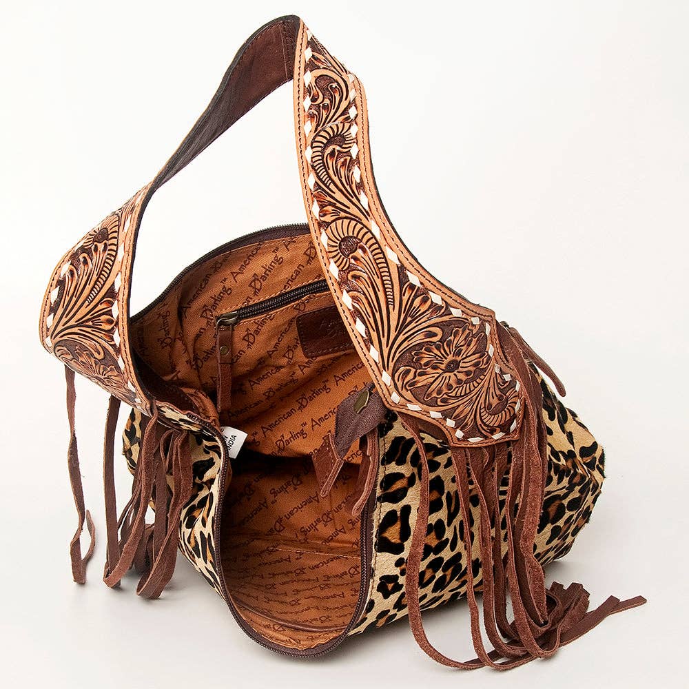 LS Western - ADBGA214 American Darling Cowhide & Tooled Leather Fringe Hobo Shoulder Handbag - ADBGA214C