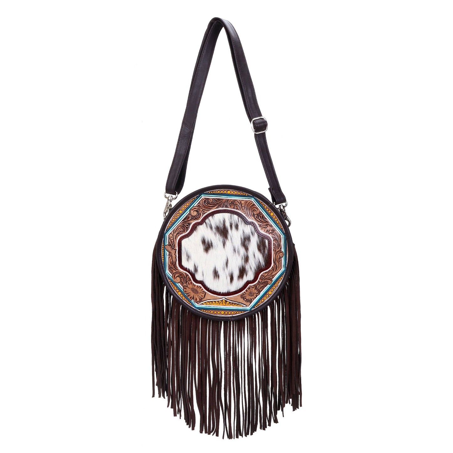 Leather Cowhide Western Hand Tooled Women's Round Crossbody - Free Bird Hand Tooled with Tan White Cowhide Inlay.