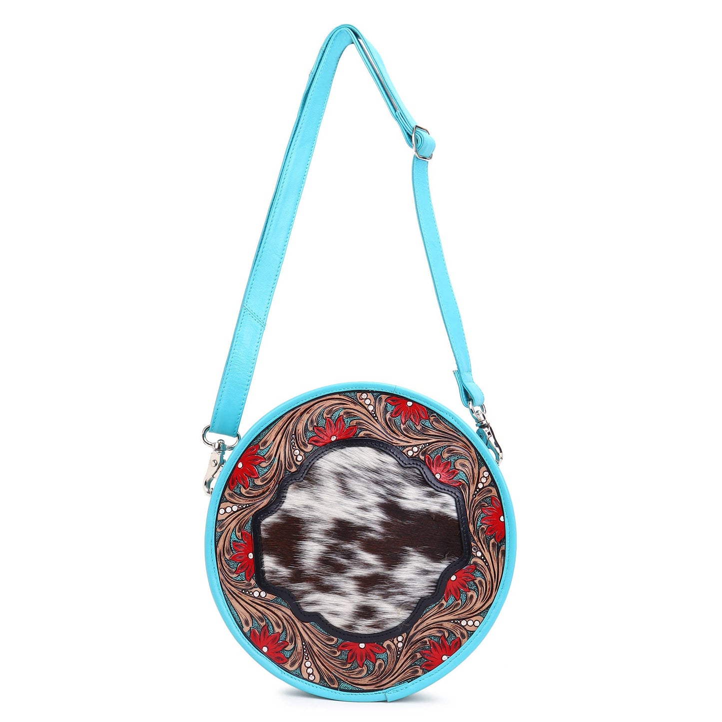 Leather Cowhide Western Hand Tooled Women's Round Crossbody - Free Bird Hand Tooled with Tan White Cowhide Inlay.