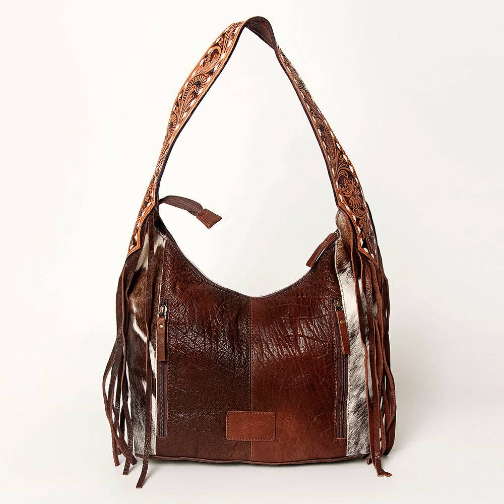 LS Western - ADBGA214 American Darling Cowhide & Tooled Leather Fringe Hobo Shoulder Handbag - ADBGA214C