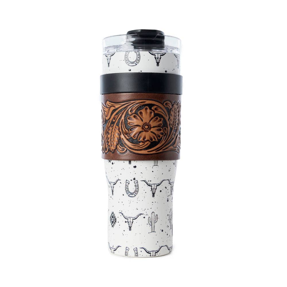 Myra Bag - Westmark Tooled Western Tumbler in White Stainless Steel with Leather Wrap and Handle for Use - WITH TOOLING