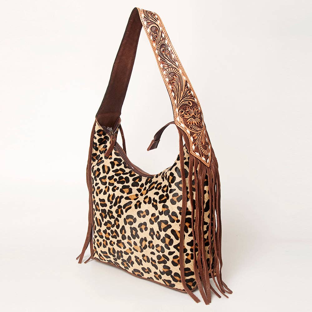 LS Western - ADBGA214 American Darling Cowhide & Tooled Leather Fringe Hobo Shoulder Handbag - ADBGA214C