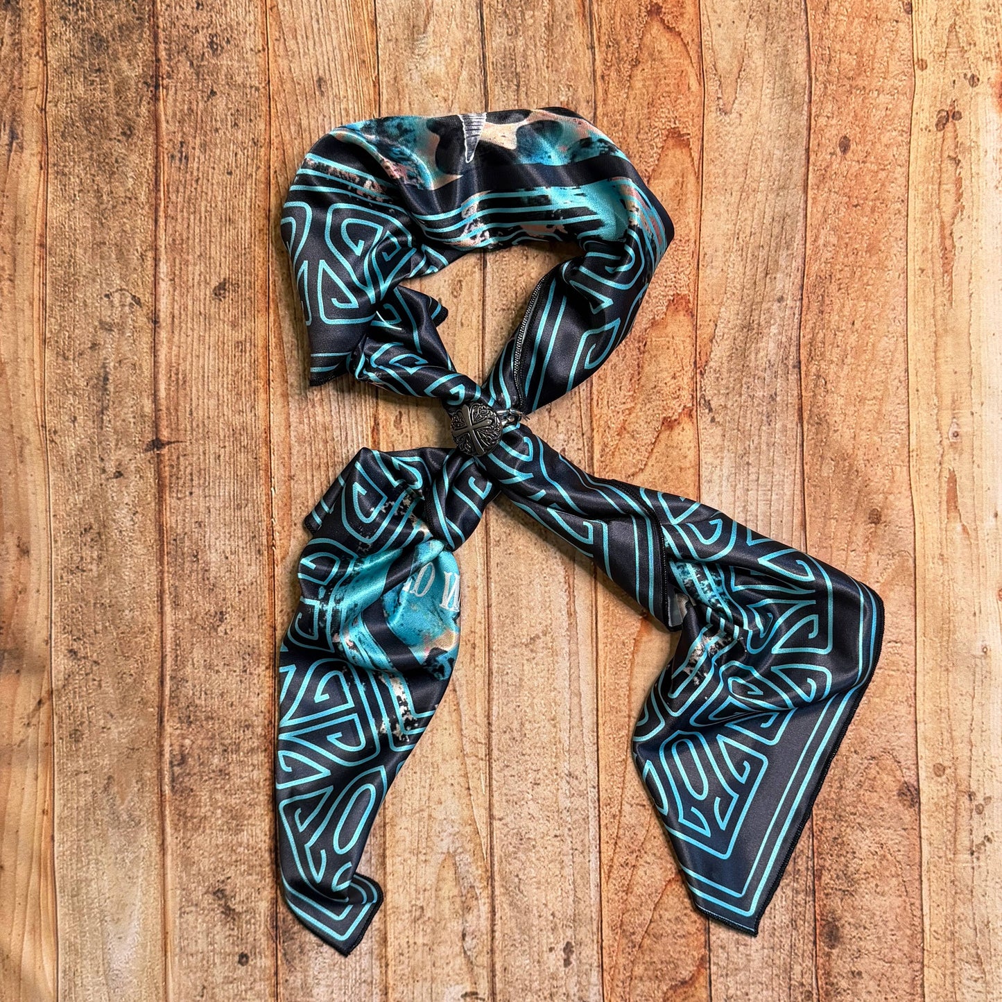 WESTERN LONGHORN PRINT SILK CARF 36X36 - Black/Turquoise