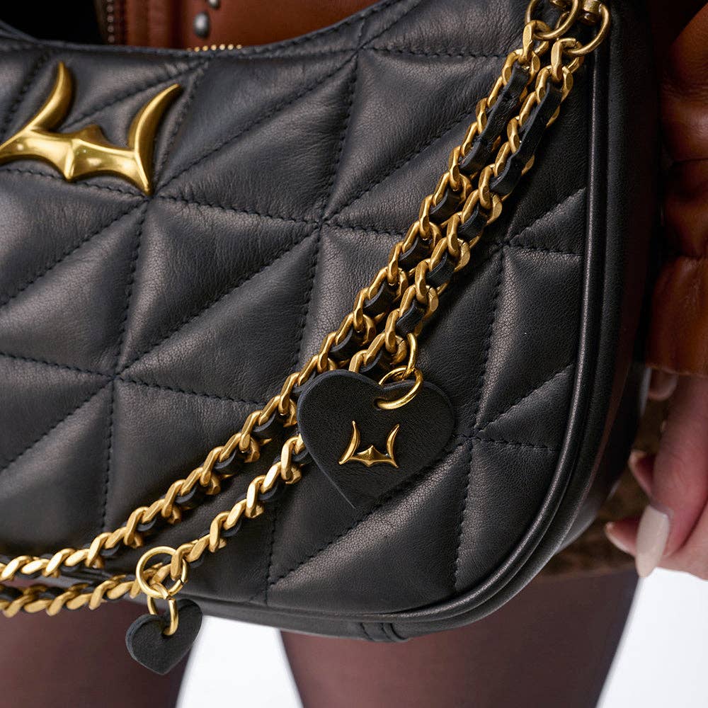 Myra Bag - Loyal West Heart Charm Chain In Black Calf Leather (2 In 1 Crossbody Chain) - Single
