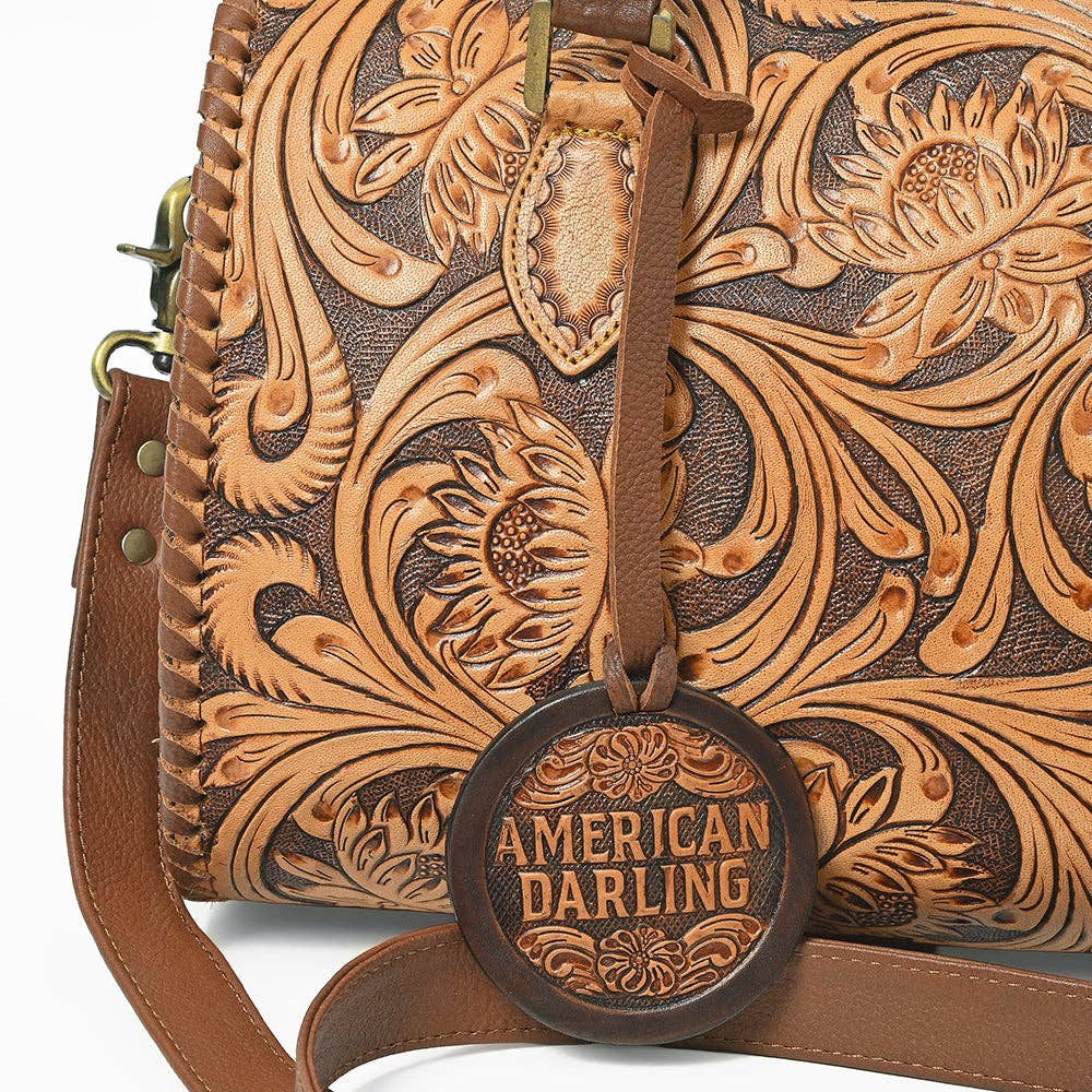 American Darling Hand-Tooled Leather Speedy Bag Classic Western Floral Design - ADBGA1044