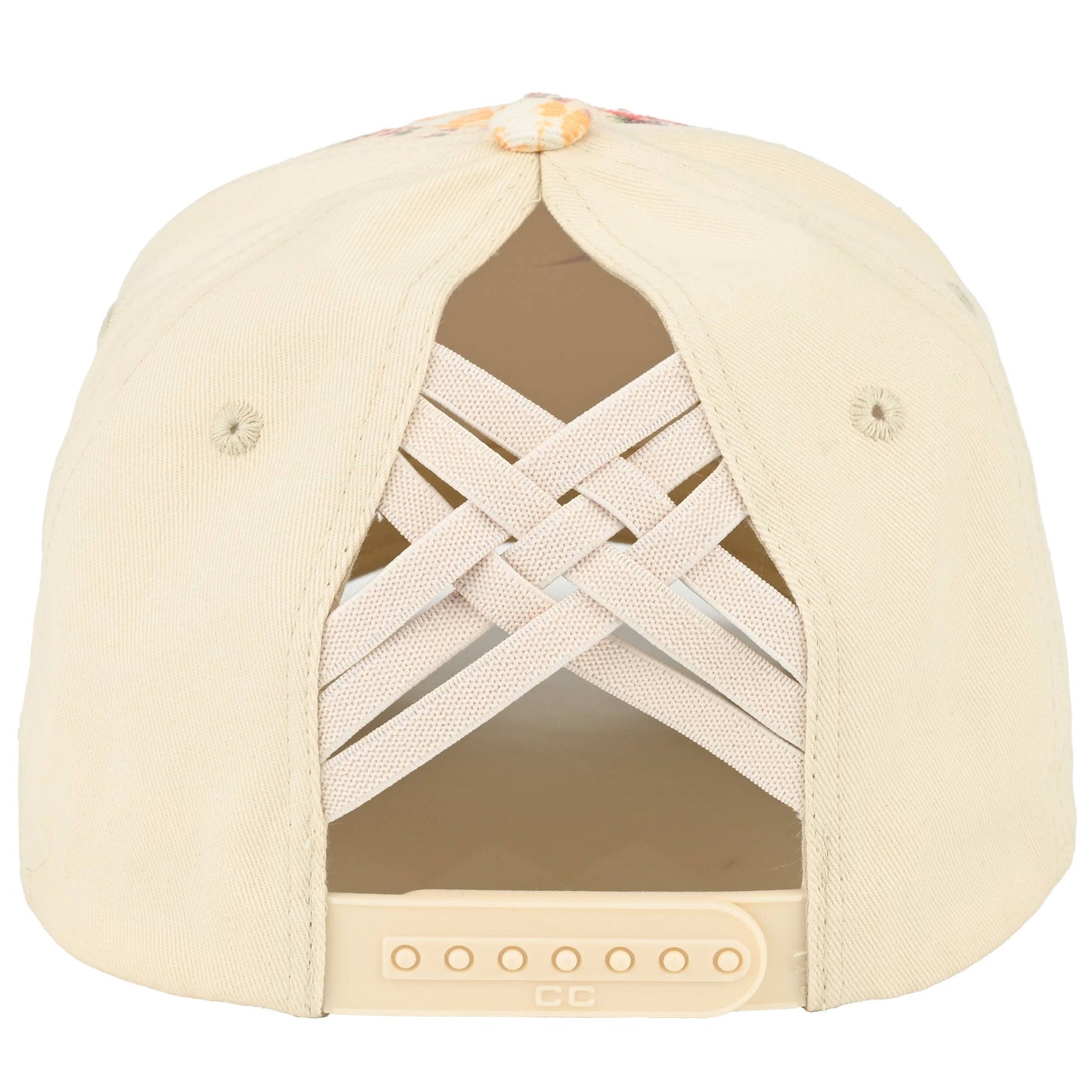 Hana - C.C Floral Patchwork Brim Criss-Cross Ponytail Trucker Hat - Beige