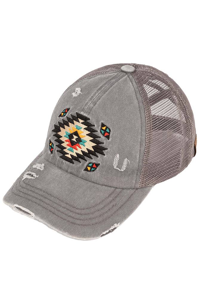 Hana - C.C Aztec Patch Distressed Criss-Cross Pony Cap - Dark Olive