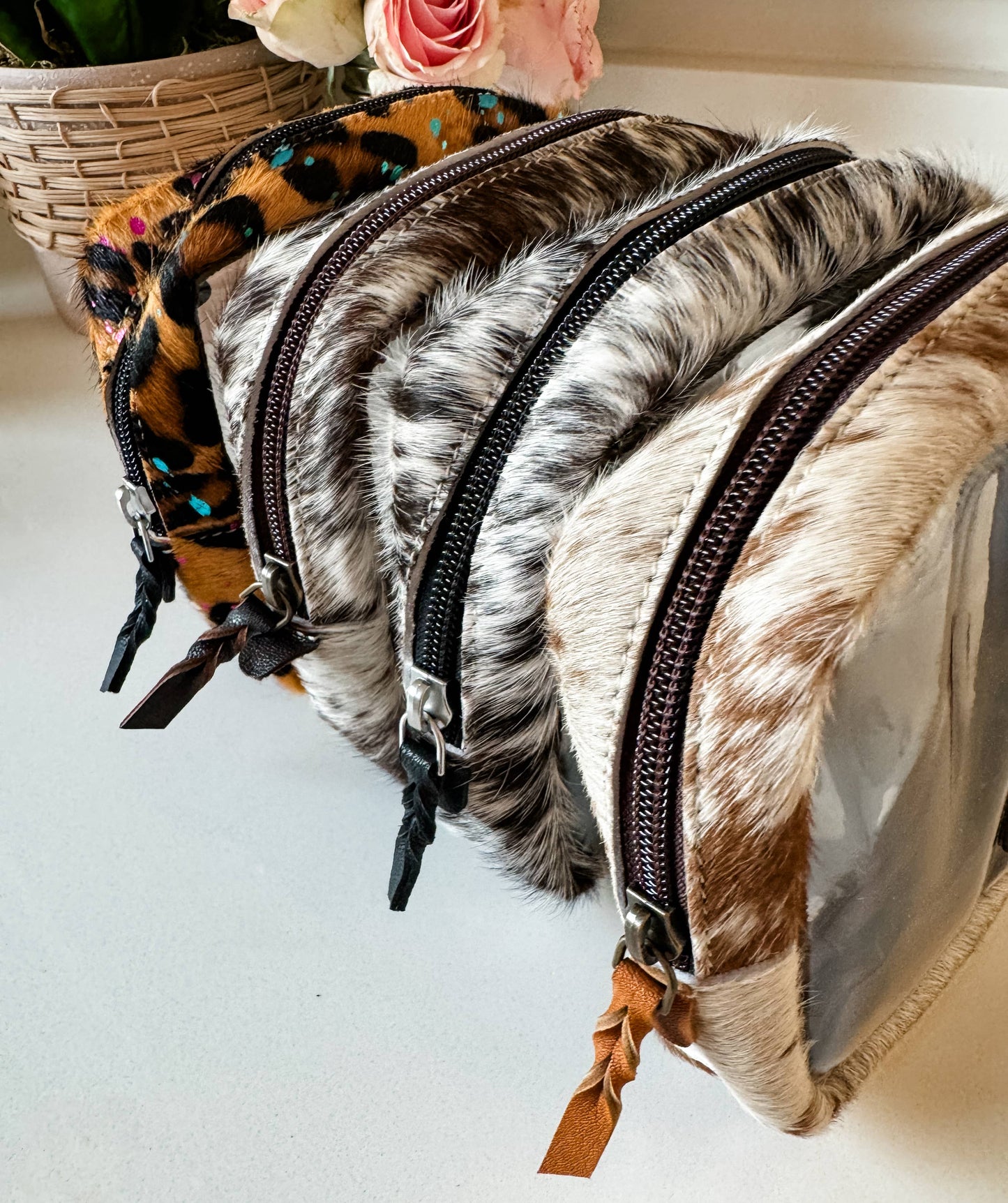 Boho Ranch Shop - Cowhide Cosmetic Clear Case - Toiletry Makeup Travel Bag - LEOPARD + RAINBOW SPECS