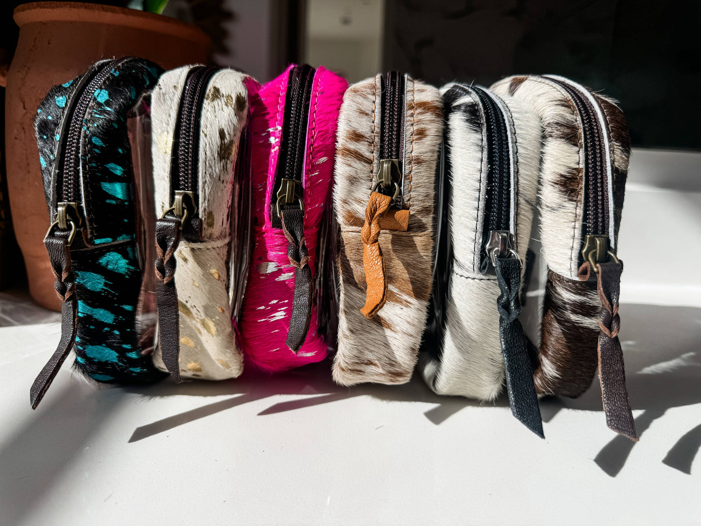 Boho Ranch Shop - Cowhide Cosmetic Clear Case - Toiletry Makeup Travel Bag - BROWN + TURQUOISE SPECS