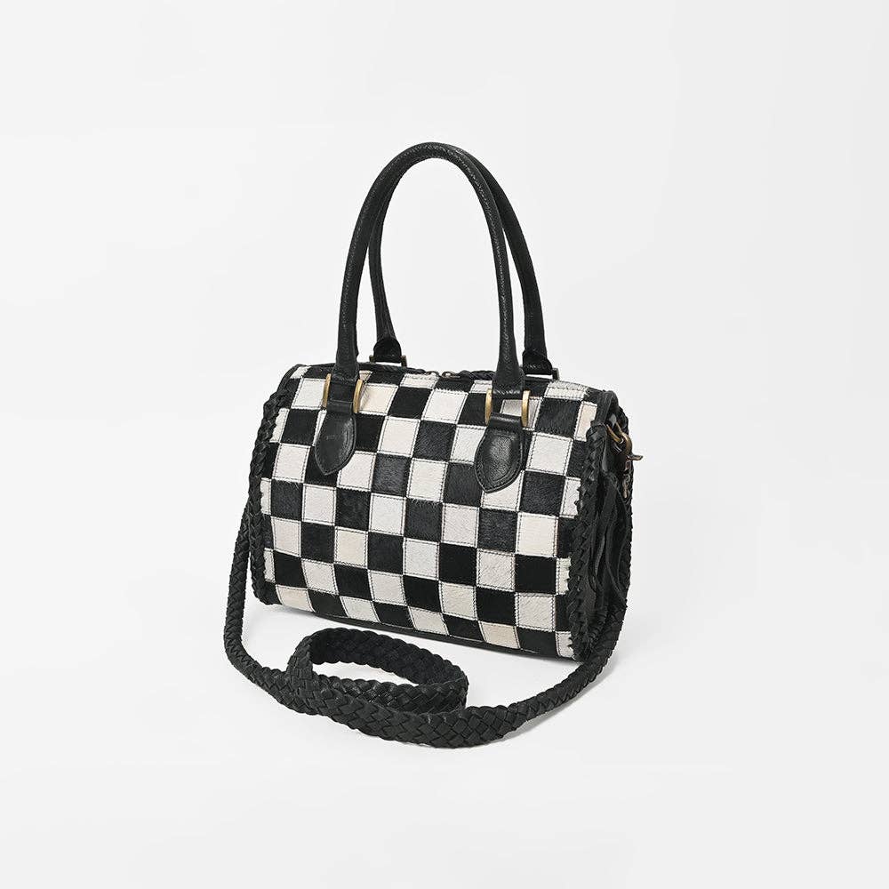 LS Western - Hair-On Hide Satchel Bag for Women Checkered Leather Handbag - ADBGM860B
