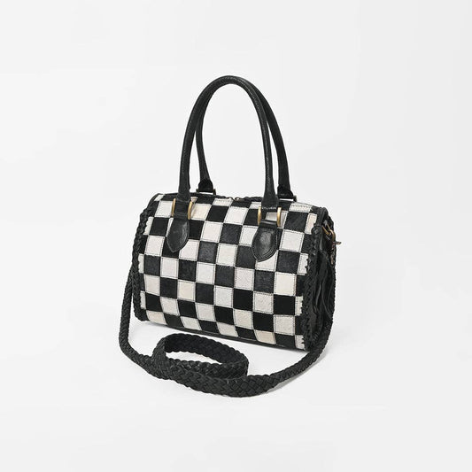 American Darling - Hair-On Hide Satchel Bag for Women Checkered Leather Handbag - ADBGM860A