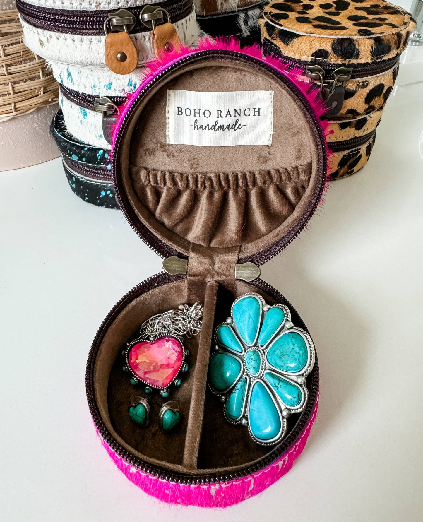 Boho Ranch Shop - MINI COWHIDE ROUND JEWELRY BOX Western travel storage gifts - BLACK + WHITE COWHIDE