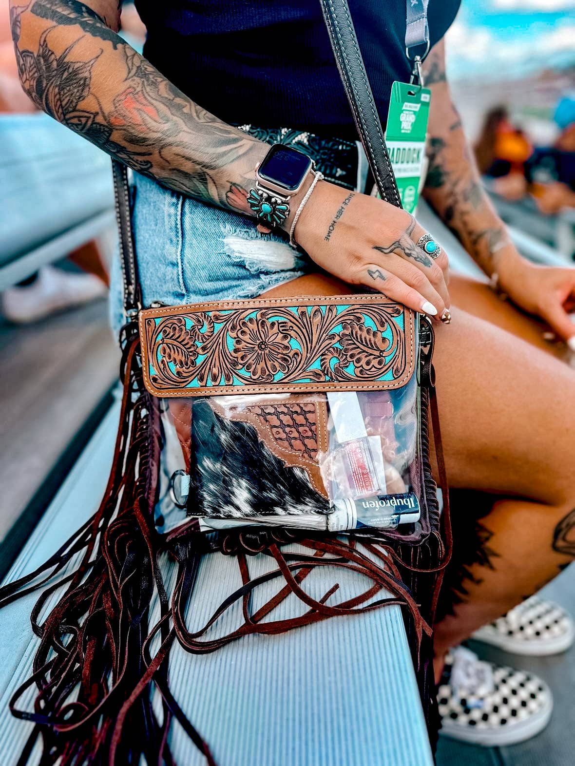 Boho Ranch Shop - Hand Tooled Clear Purse Crossbody - Concert Game Day Stadium - WHITE/ BLACK