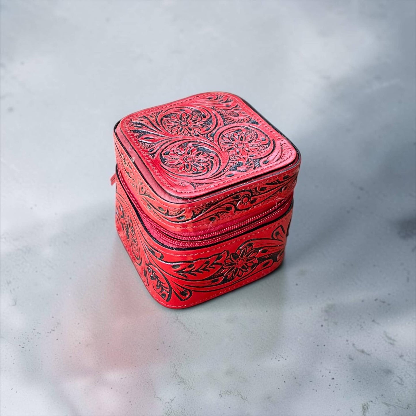 Red small tooled leather jewelry box