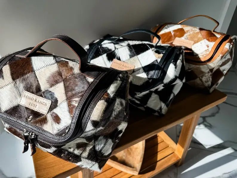 Boho Ranch Shop - BOHO LUXE TOILETRY bag Genuine Hair On travel storage  - Tan Leather