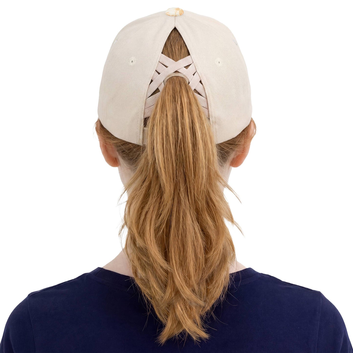 Hana - C.C Floral Patchwork Brim Criss-Cross Ponytail Trucker Hat - Beige