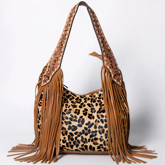 American Darling Sage Western Hobo Bag - Genuine Leather with Tan Hair-On Hide & Tooled Strap