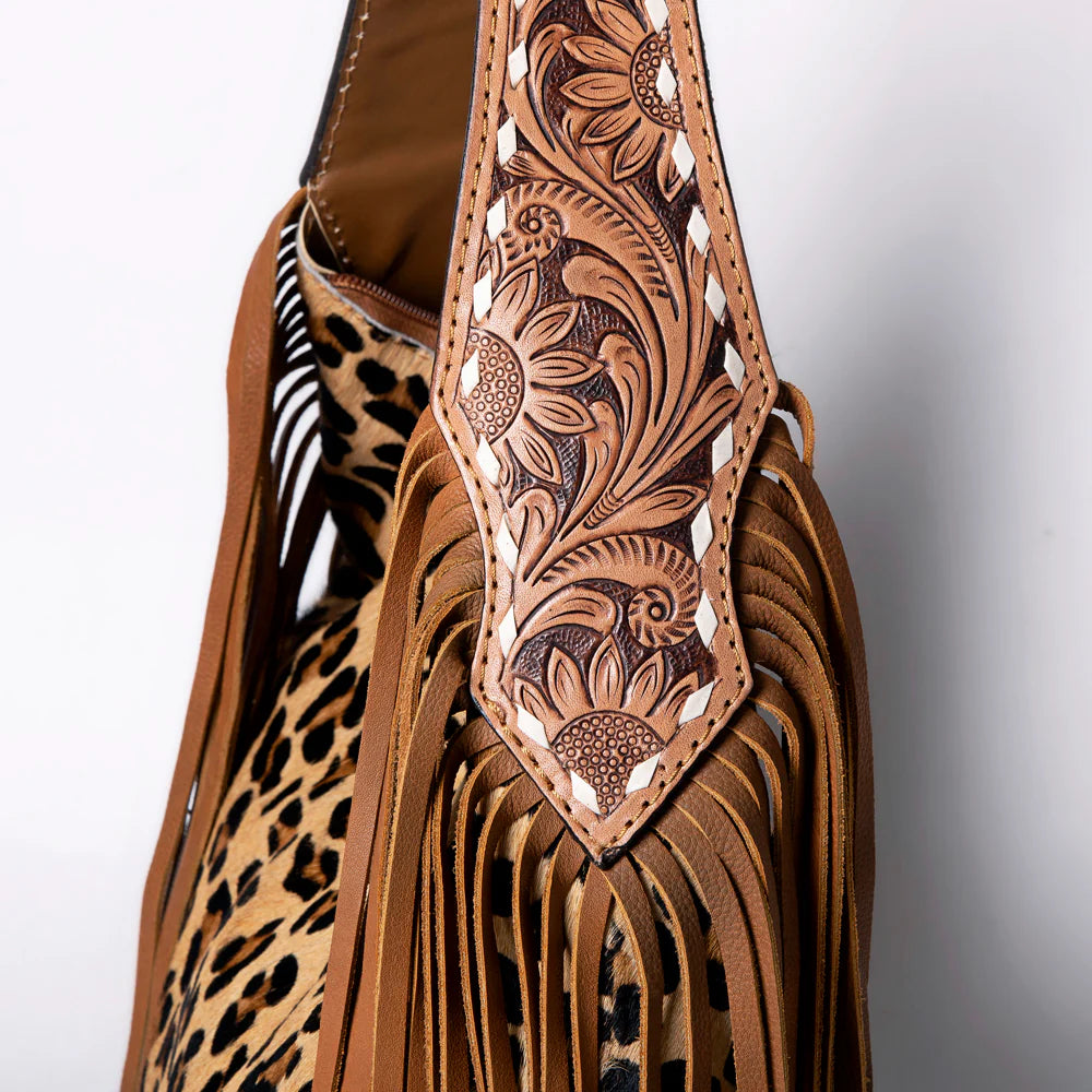 American Darling Sage Western Hobo Bag - Genuine Leather with Tan Hair-On Hide & Tooled Strap