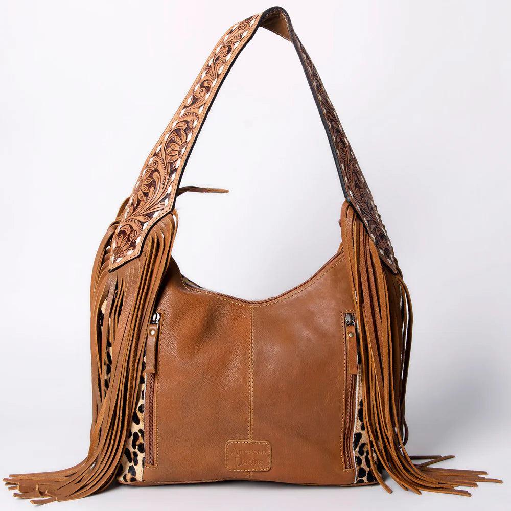 American Darling Sage Western Hobo Bag - Genuine Leather with Tan Hair-On Hide & Tooled Strap