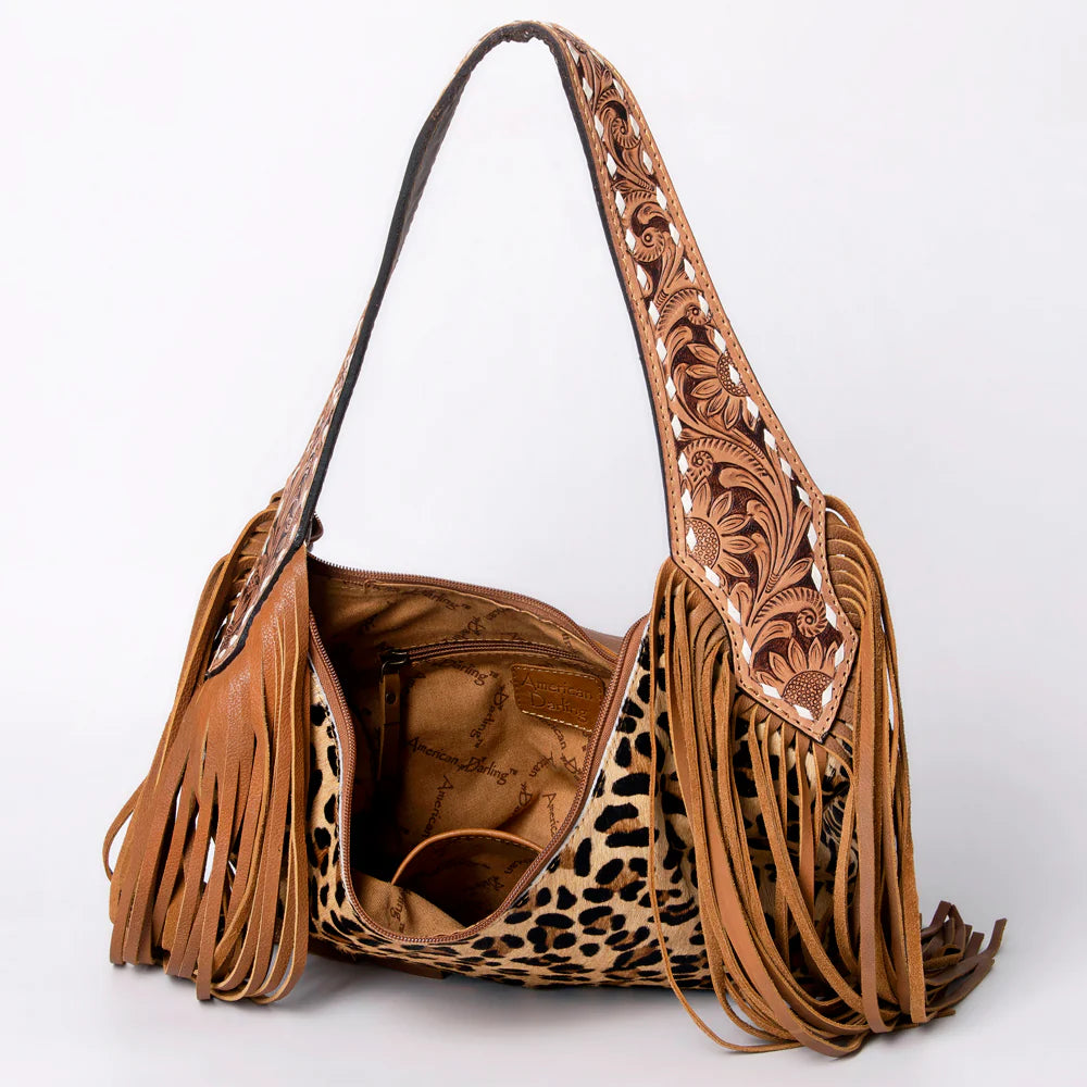 American Darling Sage Western Hobo Bag - Genuine Leather with Tan Hair-On Hide & Tooled Strap
