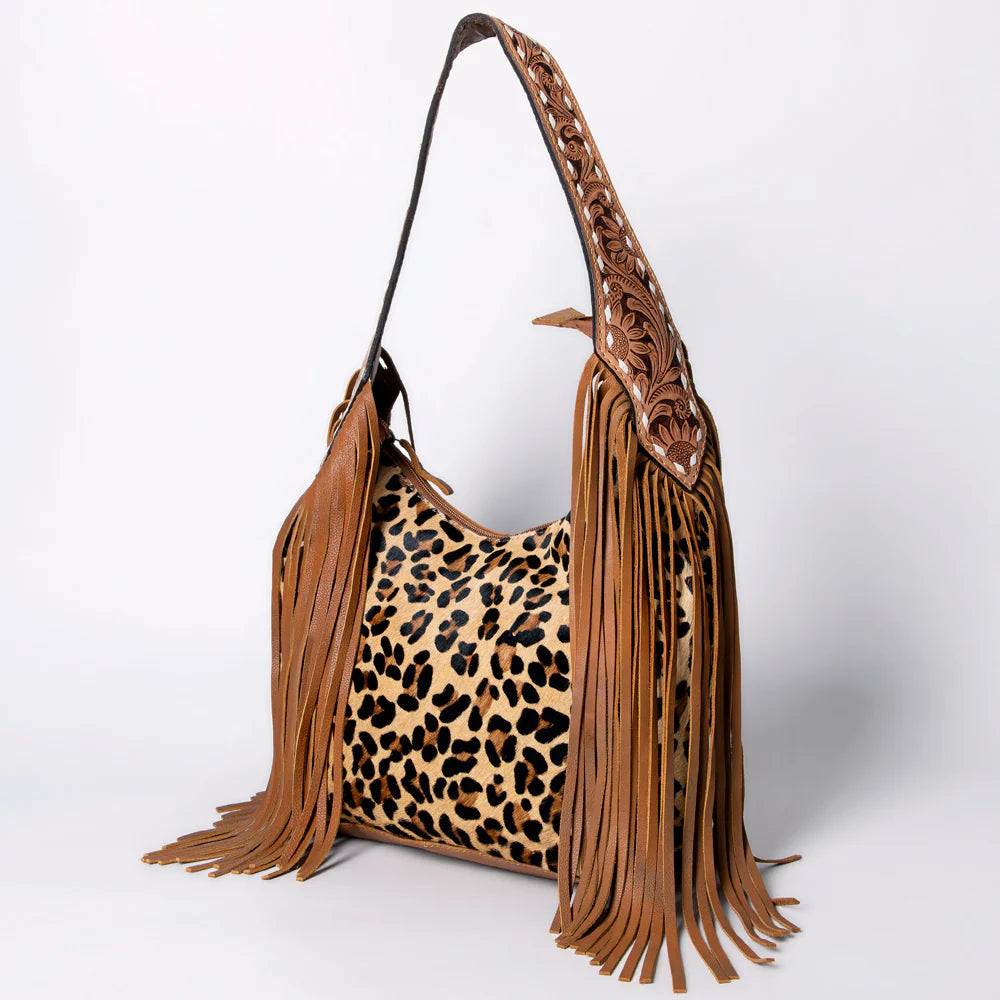 American Darling Sage Western Hobo Bag - Genuine Leather with Tan Hair-On Hide & Tooled Strap