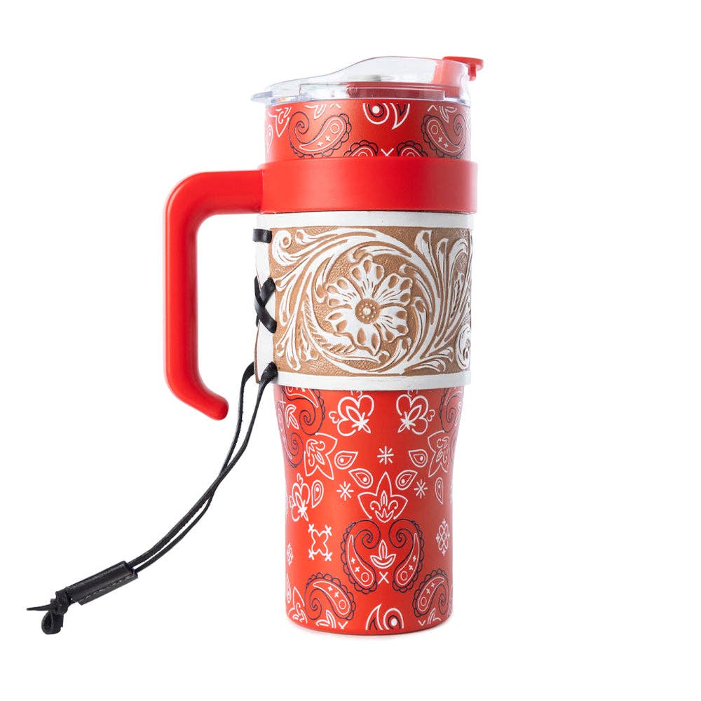 Myra Bag - Bandana Tooled Western Tumbler in Red Stainless Steel with Handtooled Leather and Handle for Use - WITH TOOLING