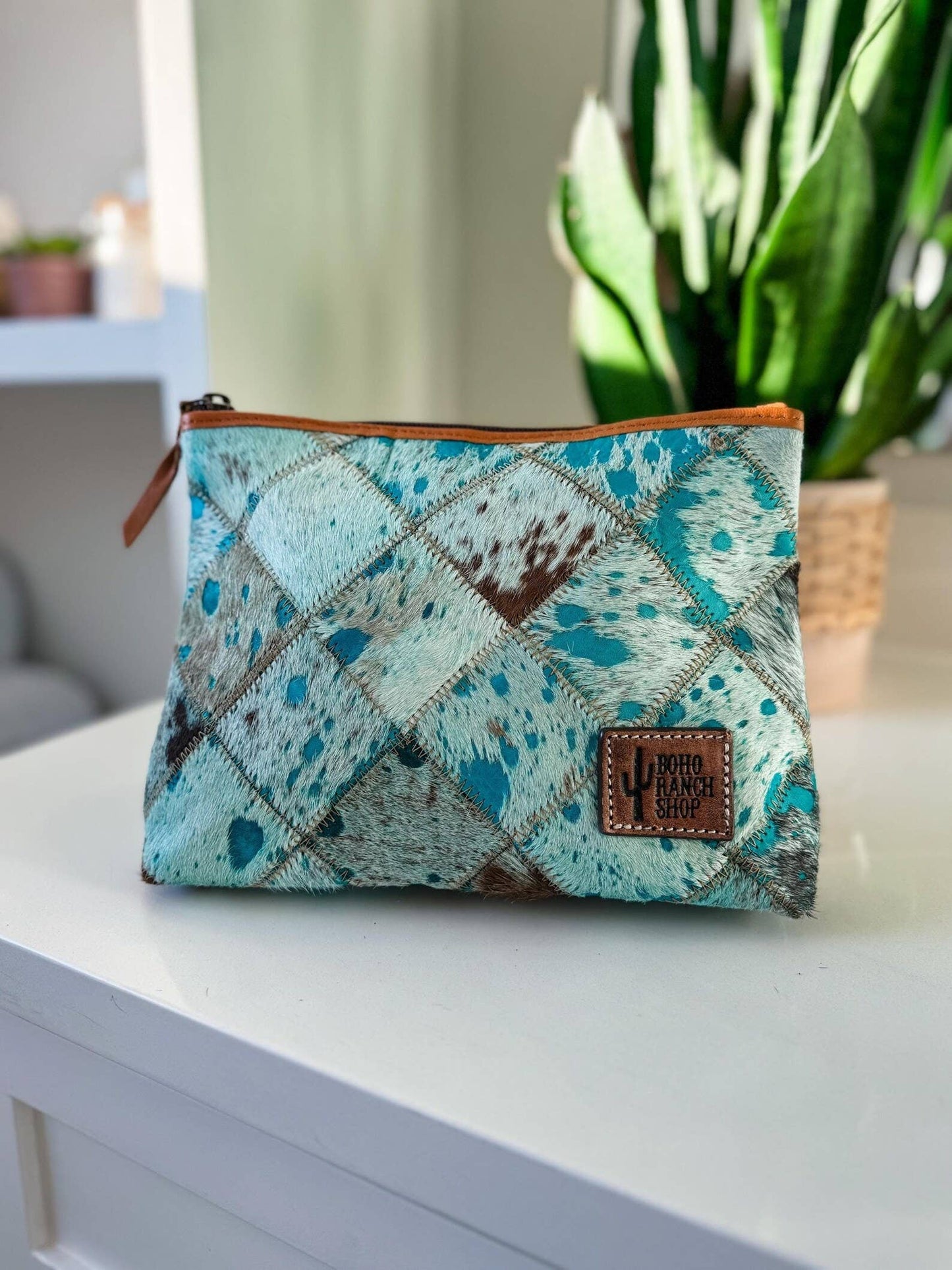 Boho Ranch Shop - Checkered Western Cowhide Makeup Bag Travel - BROWN + TURQUOISE