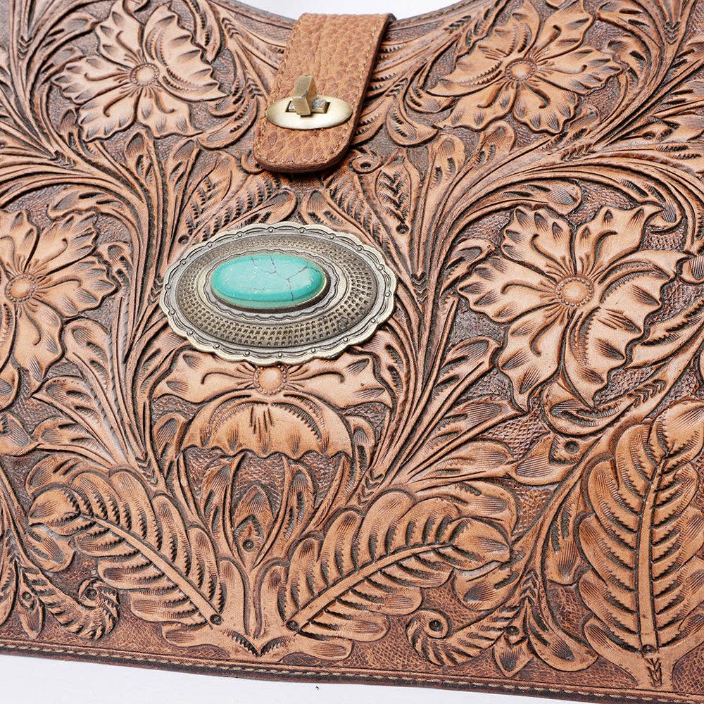 LS Western - ADBGI218 Tooled Leather Hobo Bag with Turquoise Concho & Studded Trim - ADBGI218C