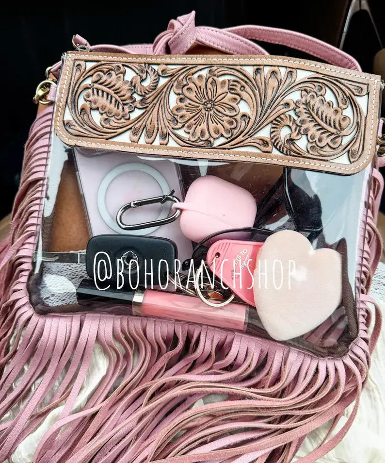 Boho Ranch Shop - Hand Tooled Clear Purse Crossbody - Concert Game Day Stadium - WHITE/ BLACK