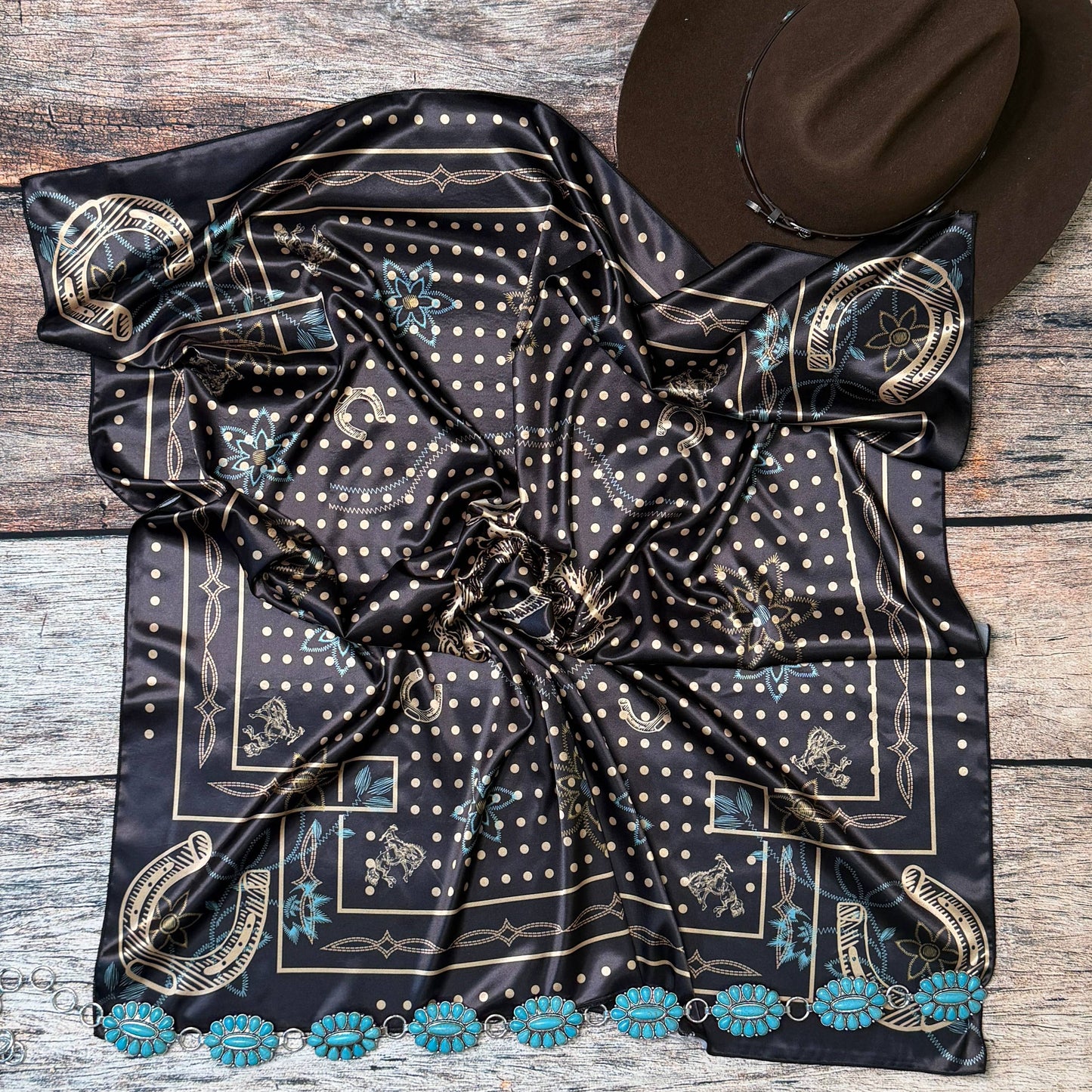 POLKA DOT BRONCO PRINT SILK SCARF 36X36 - Black/Khaki