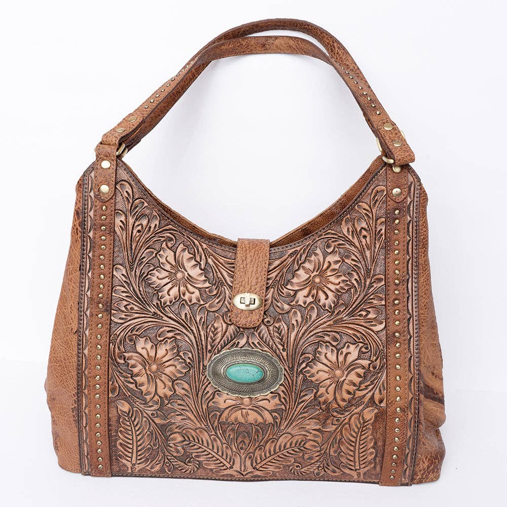 LS Western - ADBGI218 Tooled Leather Hobo Bag with Turquoise Concho & Studded Trim - ADBGI218C