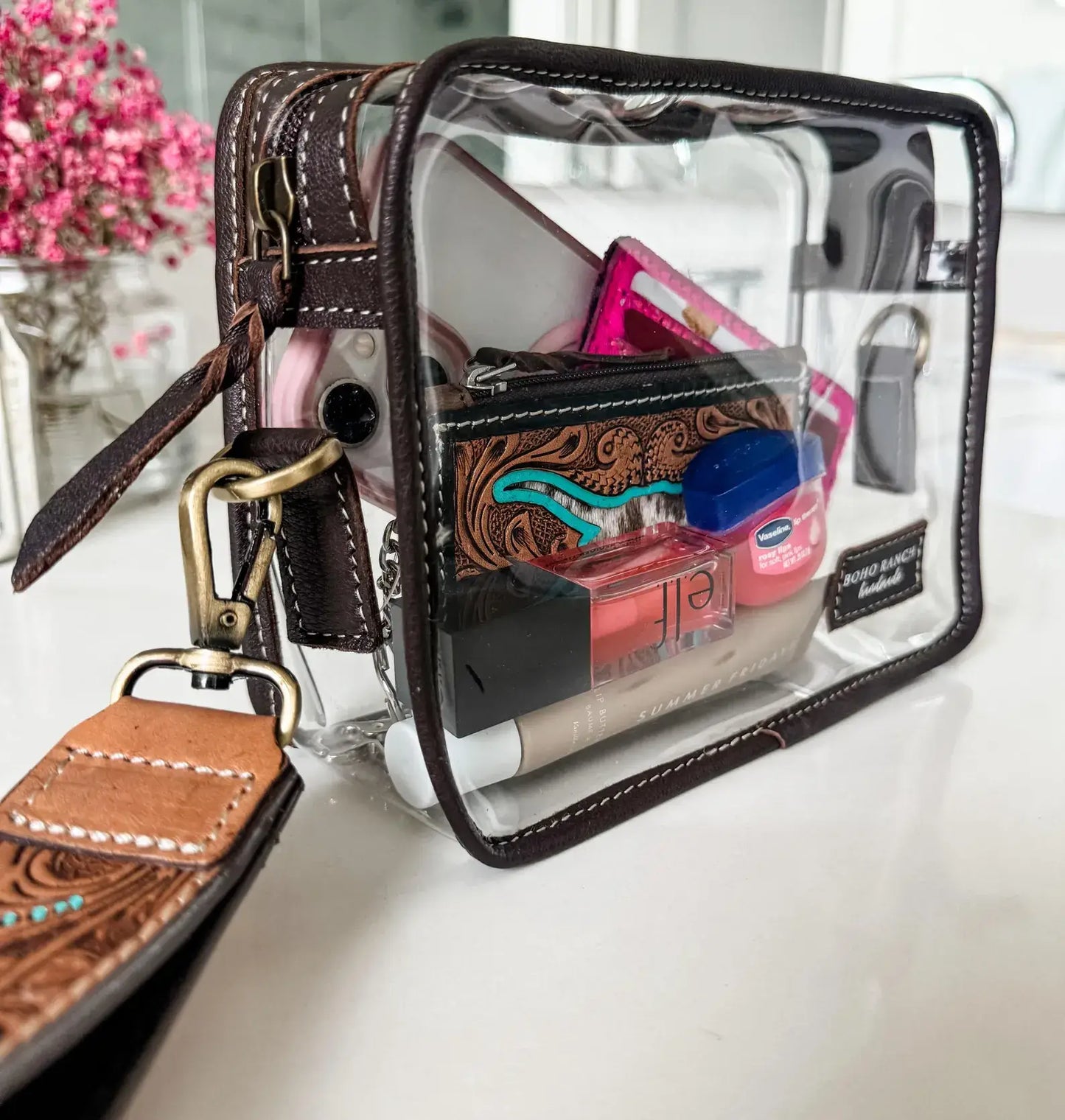 Boho Ranch Shop - DARLA CLEAR WRISTLET | transparent western purse - game day  - BROWN